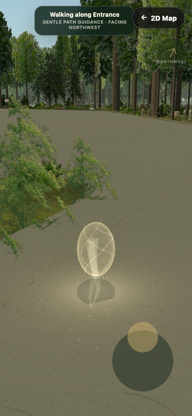 A 3D view along a cemetery path, a lit marker ahead on the ground and a compass bearing in the corner