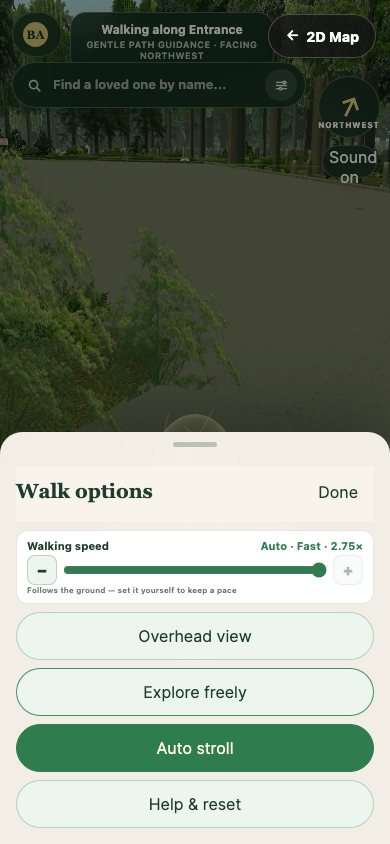 A walk-options panel with a walking-speed slider and buttons for overhead view, explore freely and auto stroll